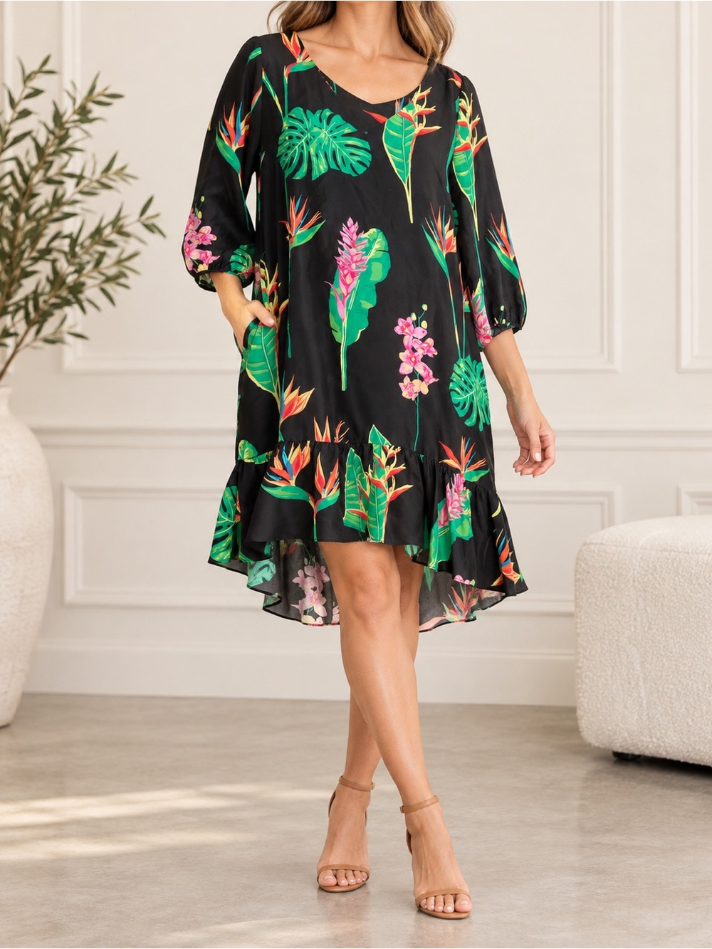 Tori Richard Black Tropical Floral High-Low Ruffle Dress size 14